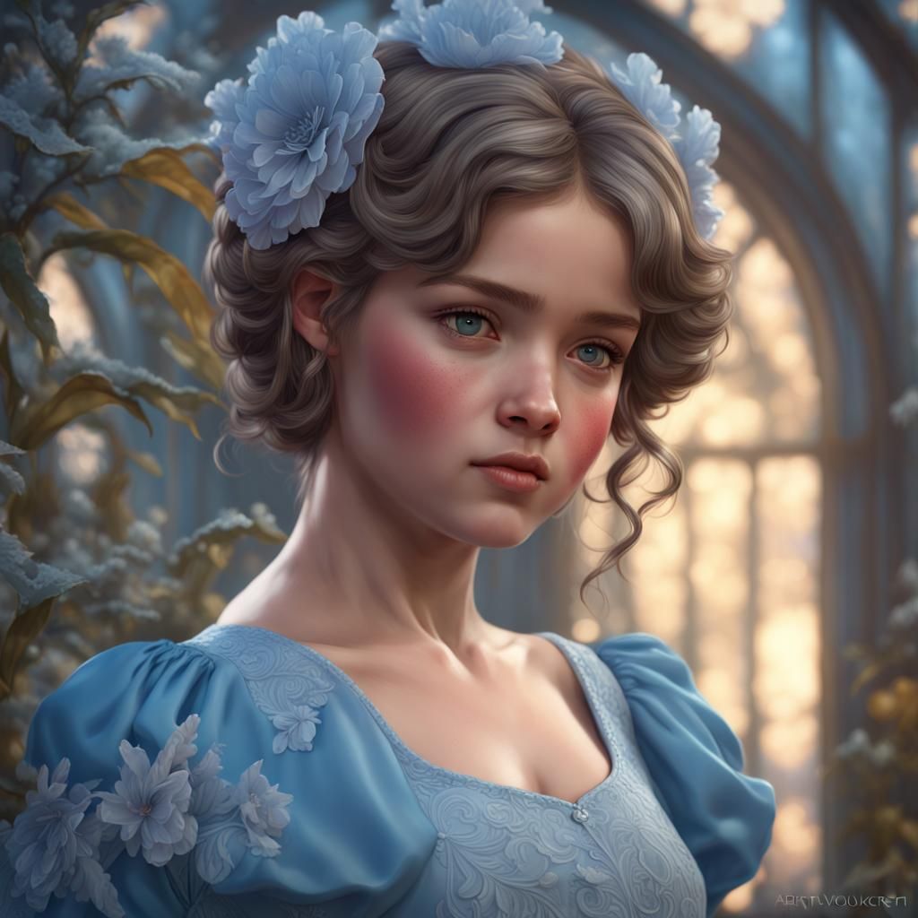 Girl in Blue Dress in Winter Garden, Detailed Portrait