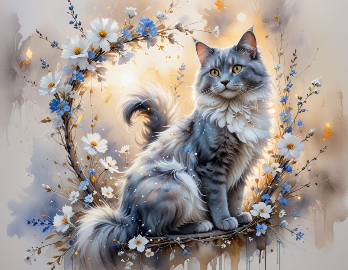 Angora Cat on Flower Branch in Watercolor Style
