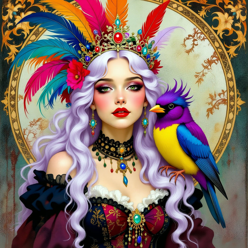 Goth Girl with Feather Crown and Bird Companion, Gouache Wat...