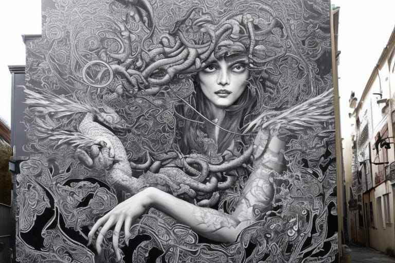 Black and White Celtic Mural of a Female PI