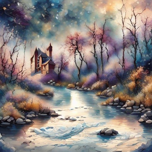 Colonial Riverhouse in Oil Painting Style