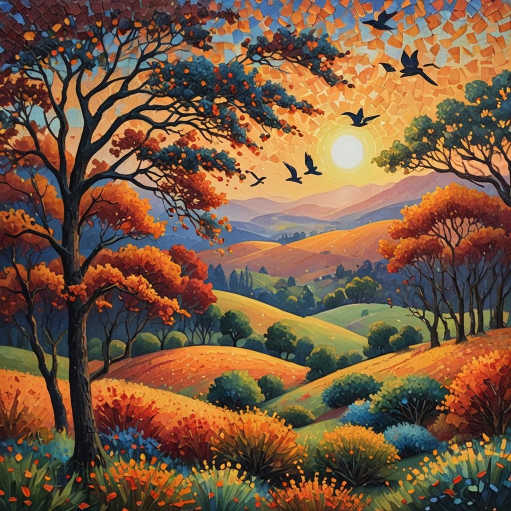 Sunset Over Hills in Pointillism Oil Painting