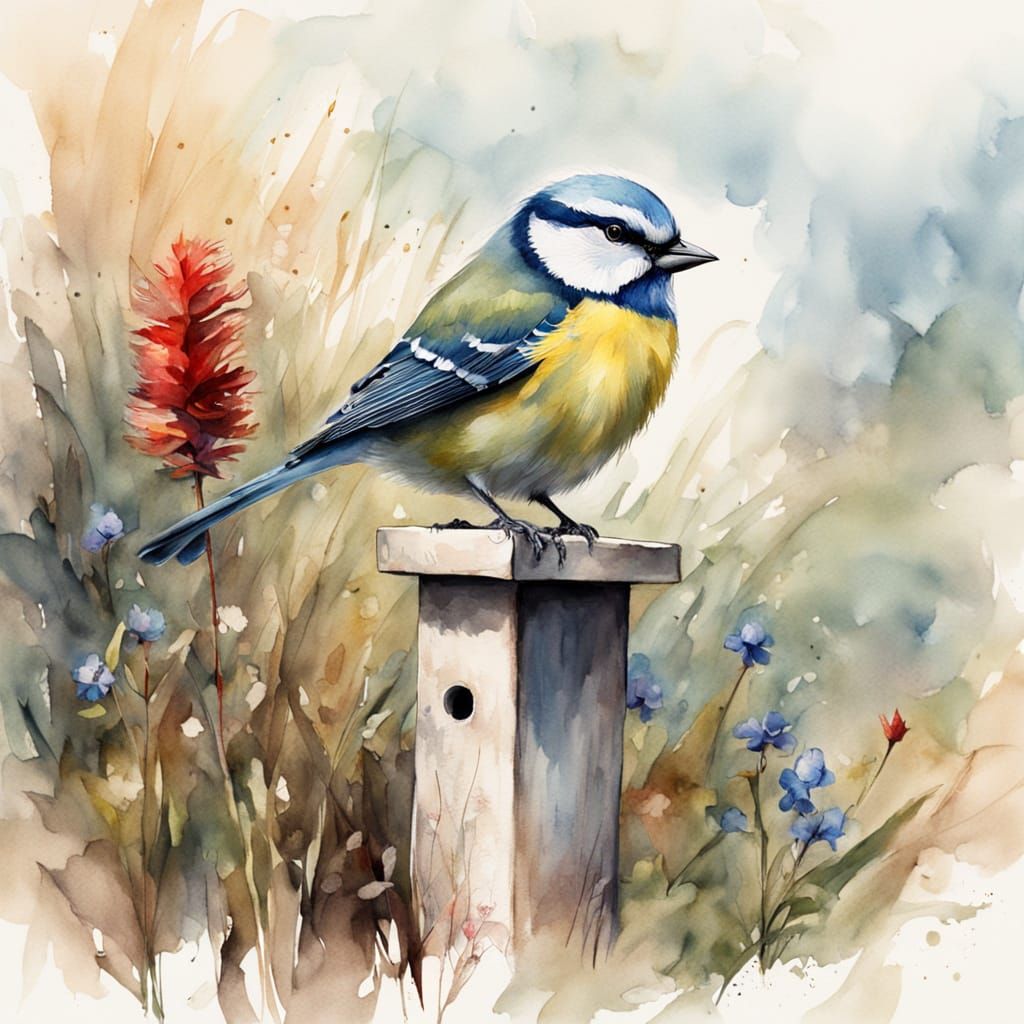 Vivid Bluetit on Red Letterbox in Dappled Sunlight