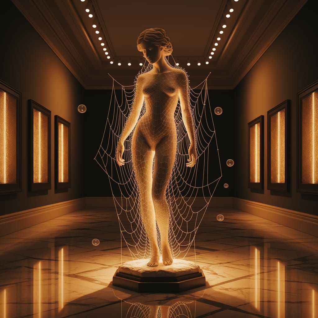 Mysterious Spider Web Statue in Ethereal Museum Gallery