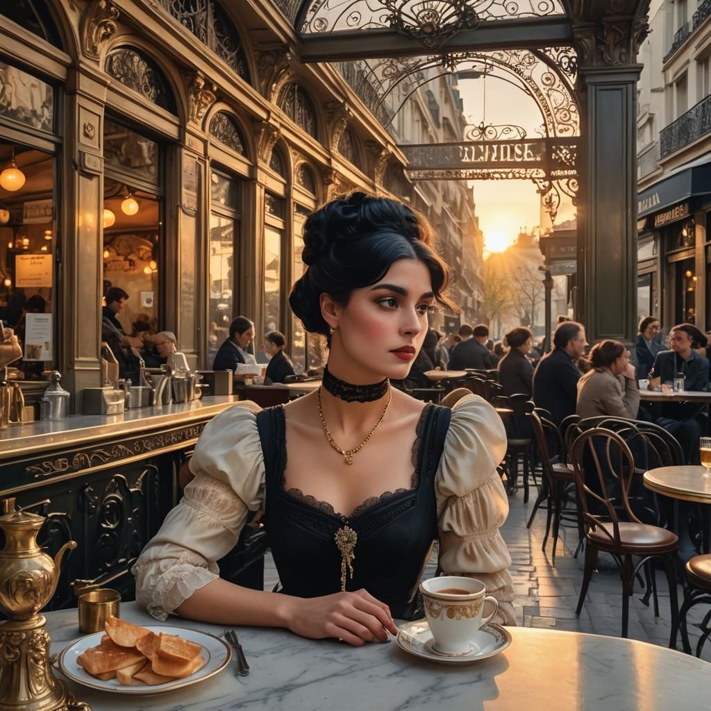 Belle Époque Lady in Parisian Cafe at Sunrise