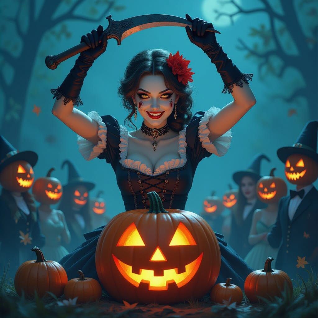 Undead Rococo Lady Harvests Pumpkin Heads