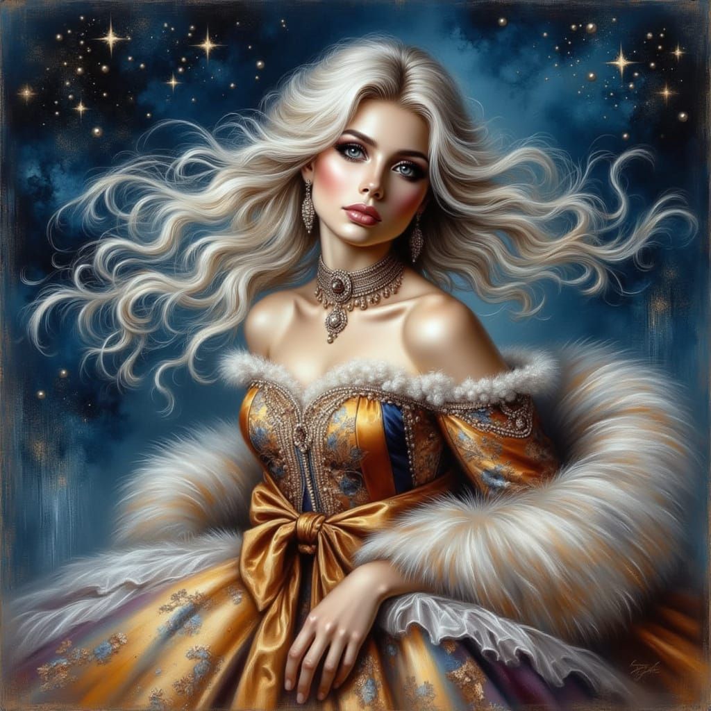 Russian Beauty in Traditional Sarafan Under Starry Night Sky