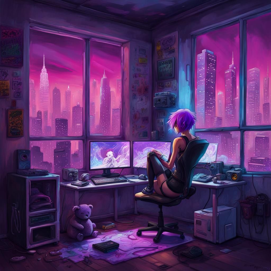 Cyberpunk Gaming PC Setup with Neon Lights and Graffiti Art