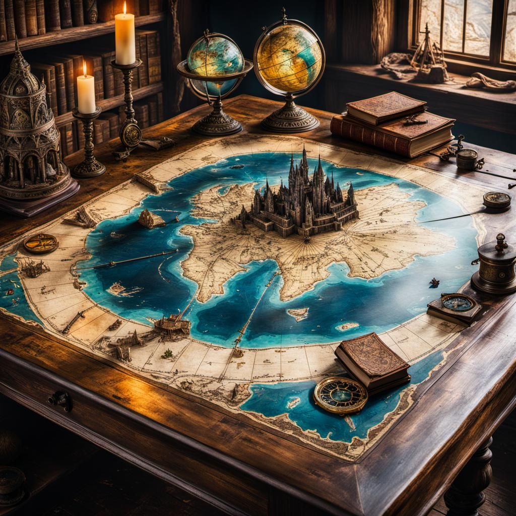 Magical Map to Atlantis on Wizard's Desk