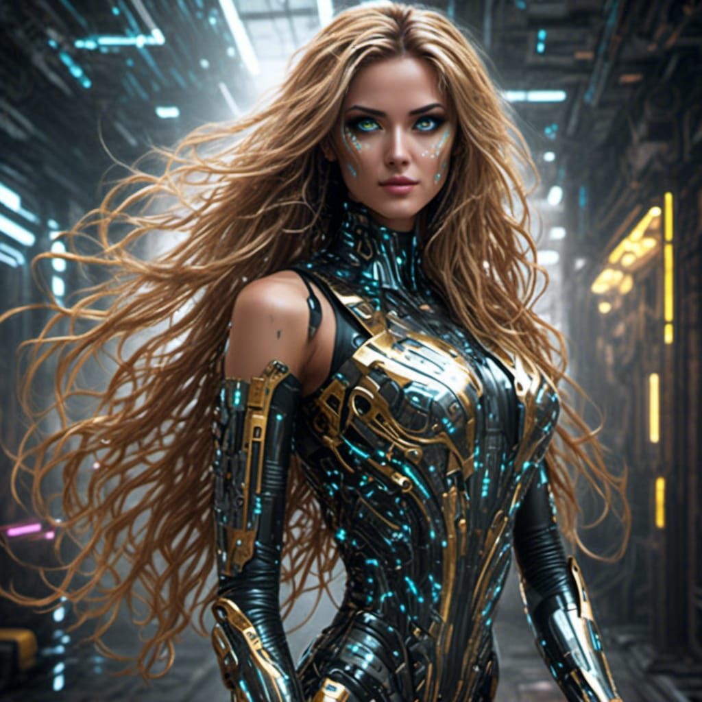 Stunning Model with Golden Cybernetic Enhancements