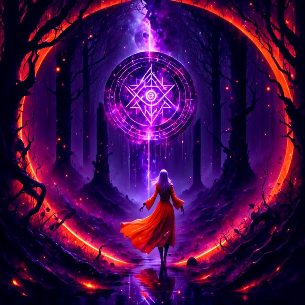 Sorceress Opens Portal with Glowing Runes