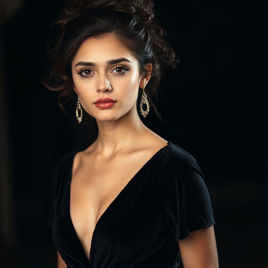 Woman in Black Velvet Gown with Dark Curly Hair