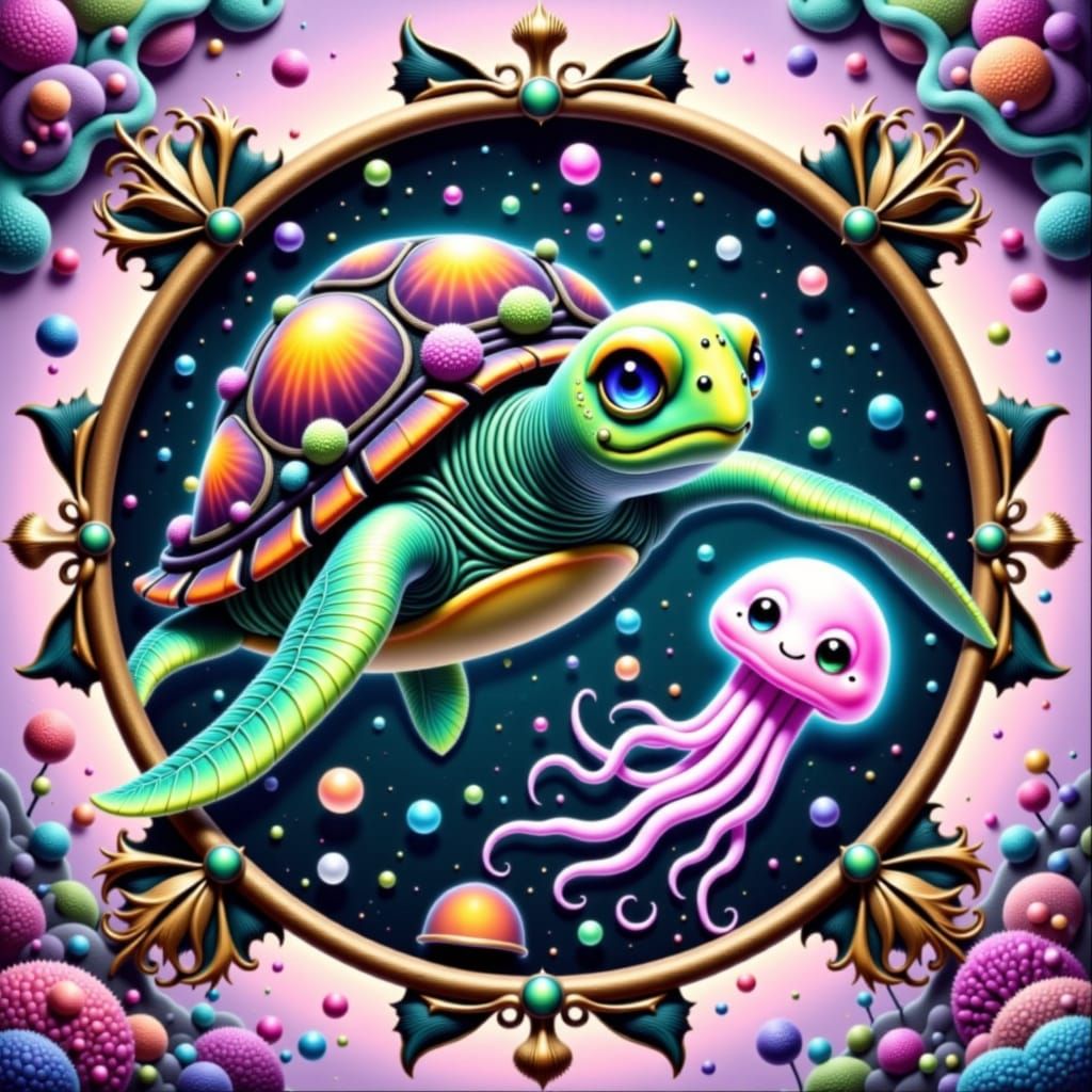 Sea Turtle and Jellyfish Friend at Vibrant Barrier Reef