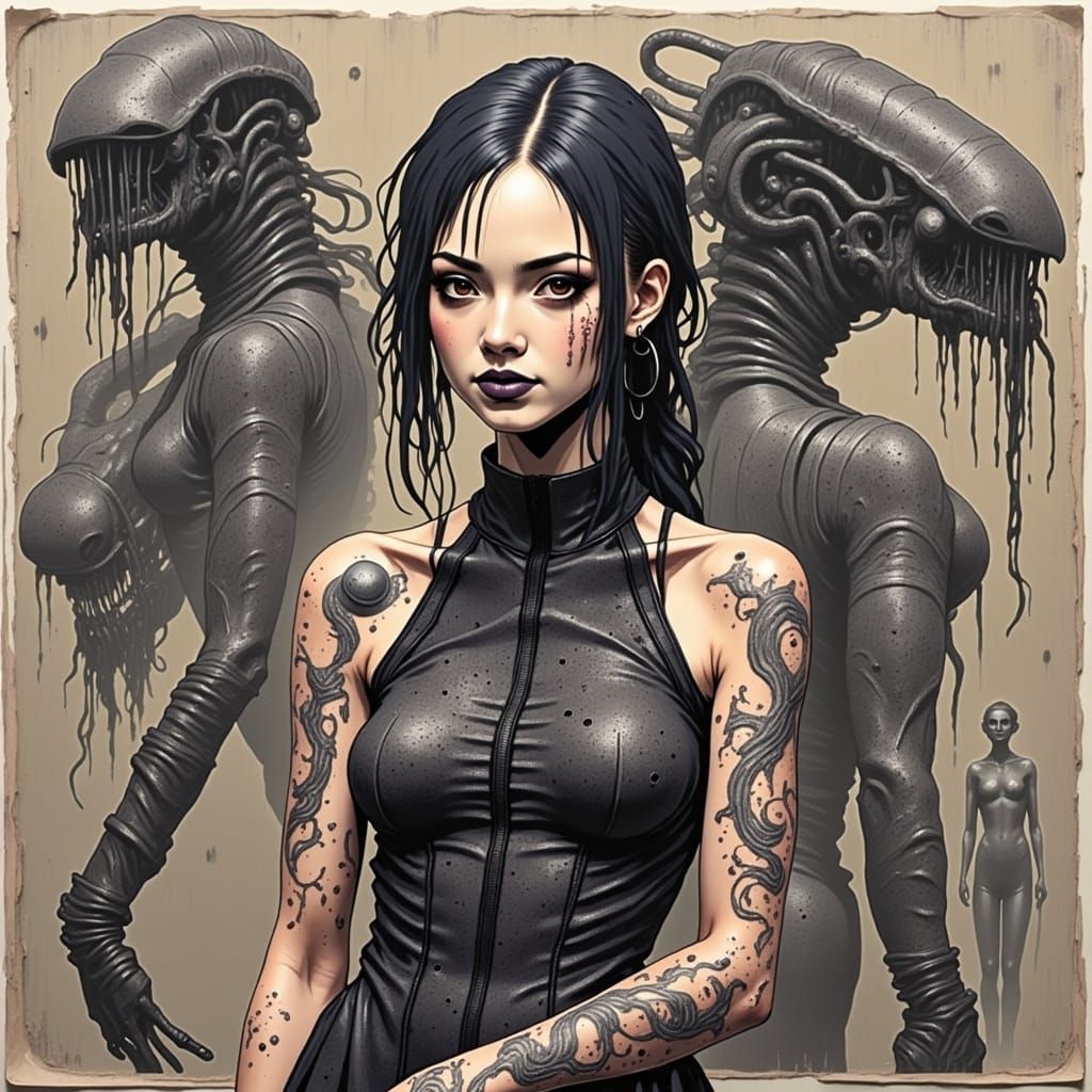 Smiling Cyborg Woman with Biomechanical Tattoos