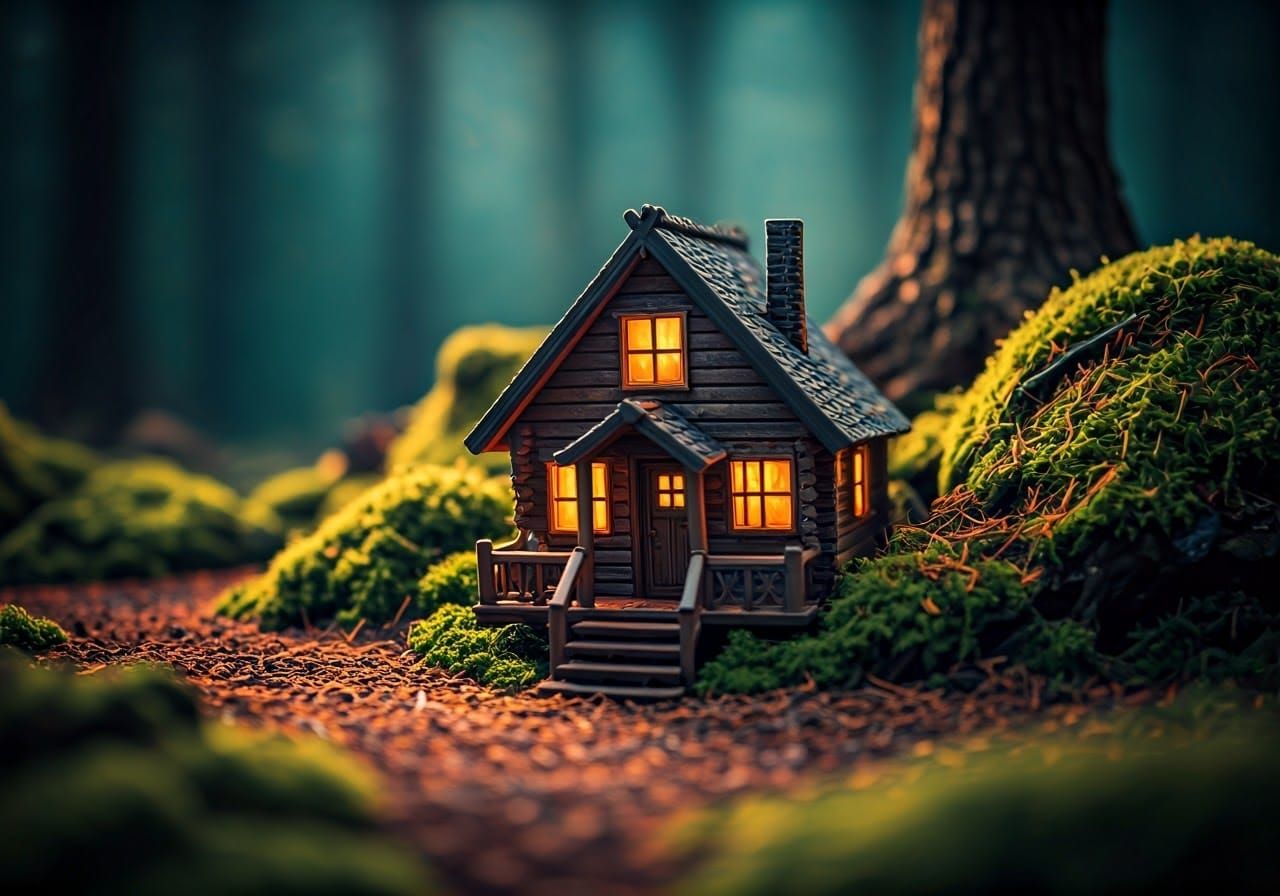 Miniature Cabin in Misty Forest: Dreamlike Digital Art