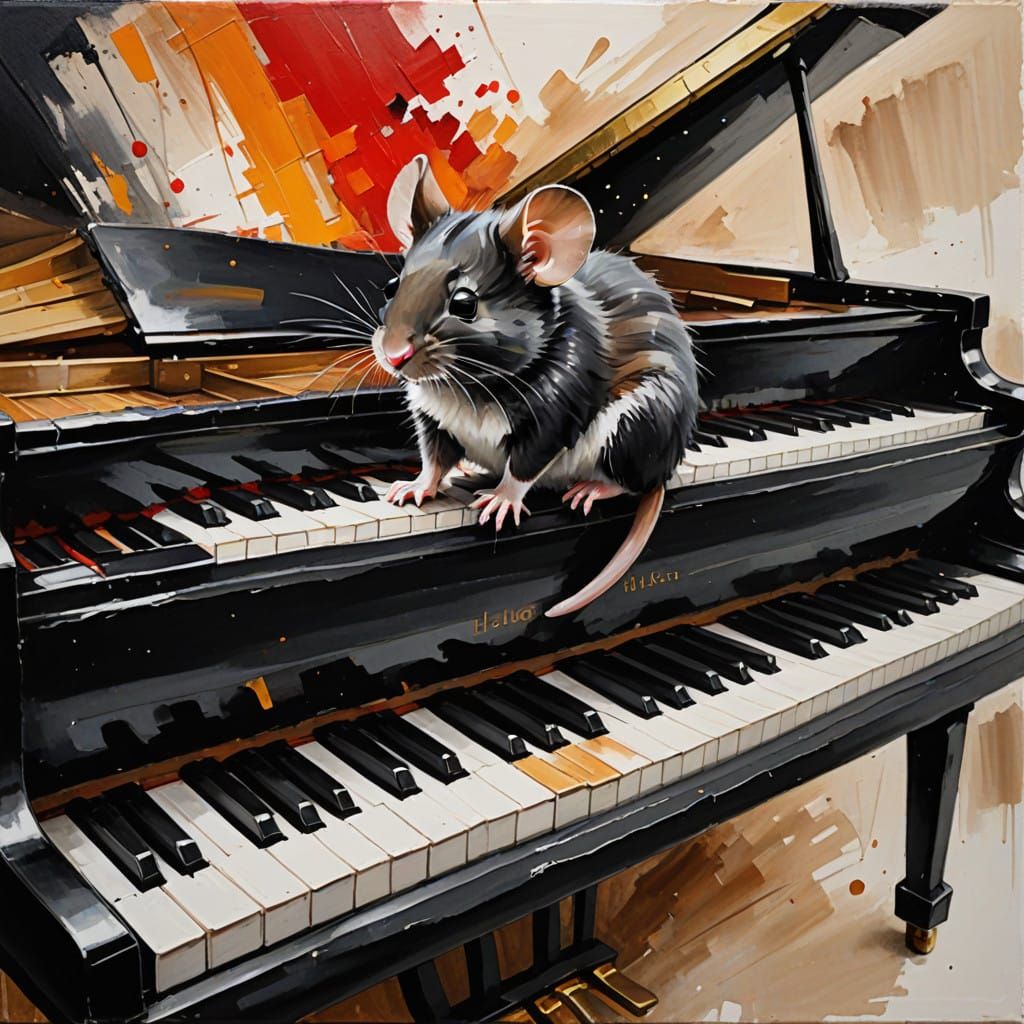 Mouse Dancing on Vibrant Piano Keys in Oil Paint