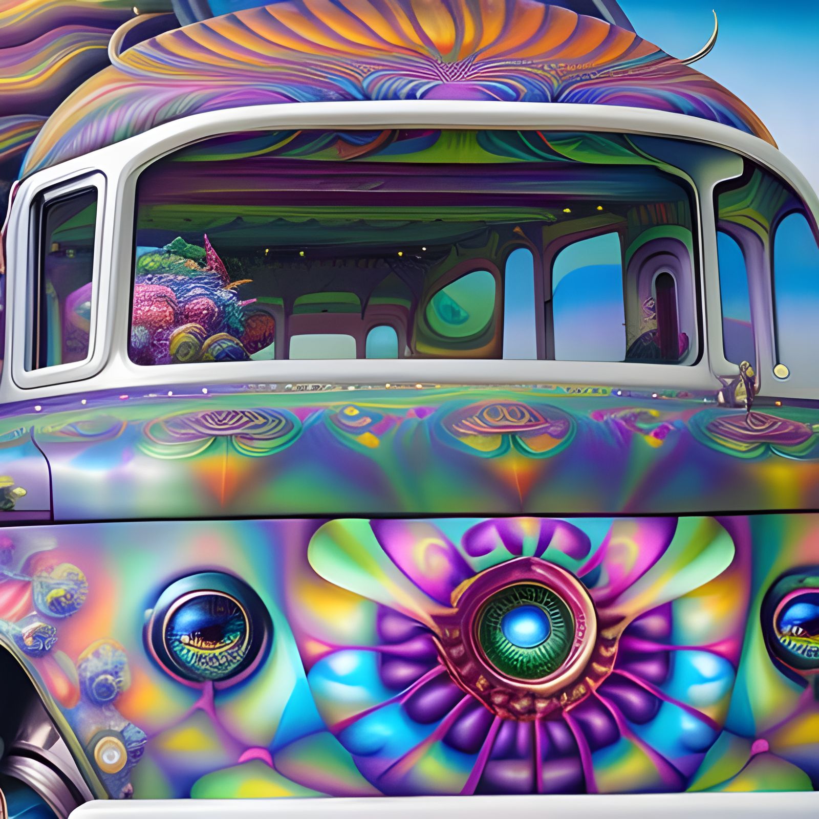 Psychedelic Kombi Van on Woodstock, Digital Illustration