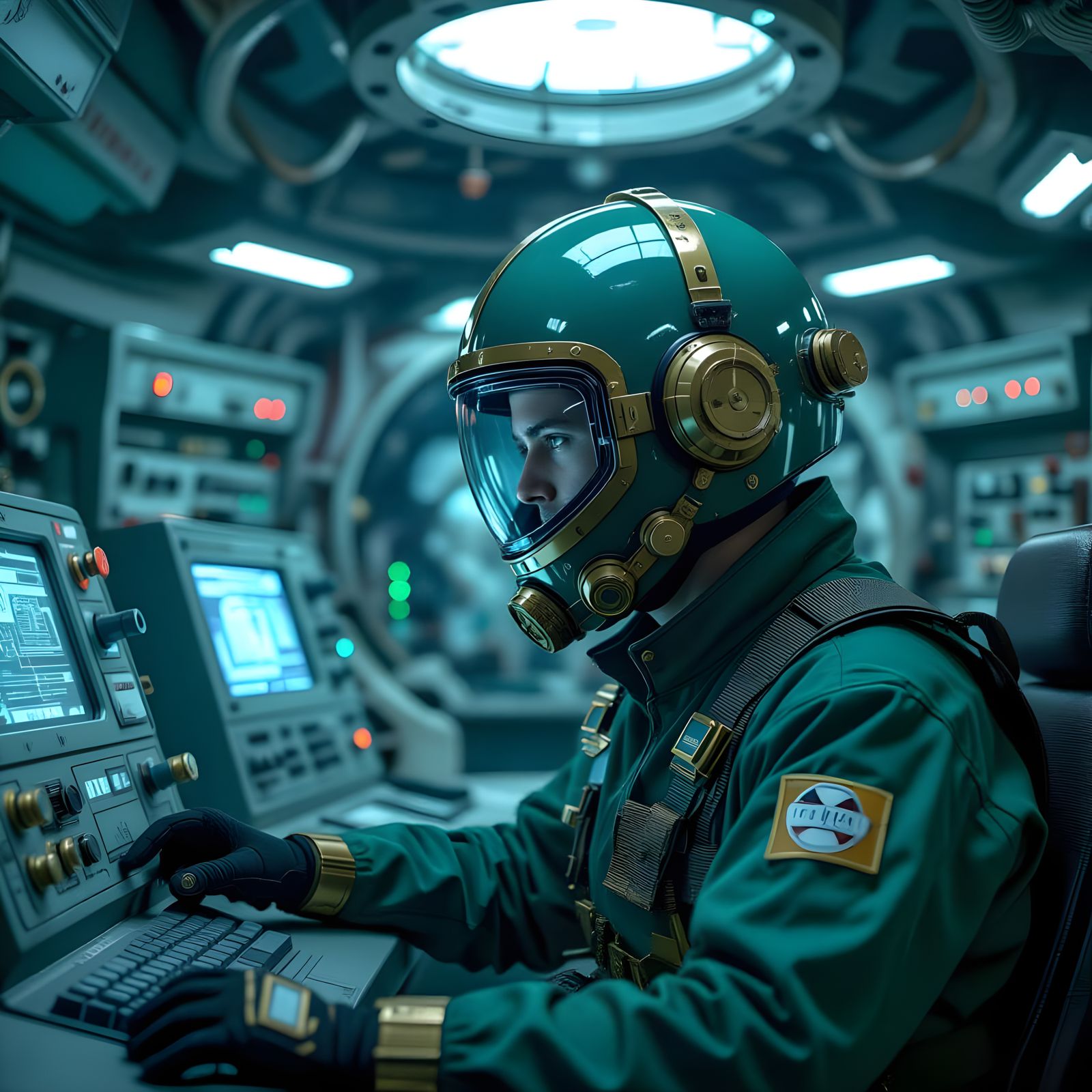 Soviet Engineer in Retro-Futuristic Computer Complex