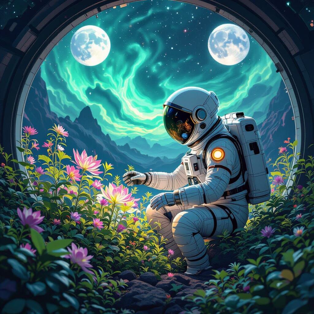 Astronaut's Bioluminescent Garden on Exoplanet: Art Nouveau