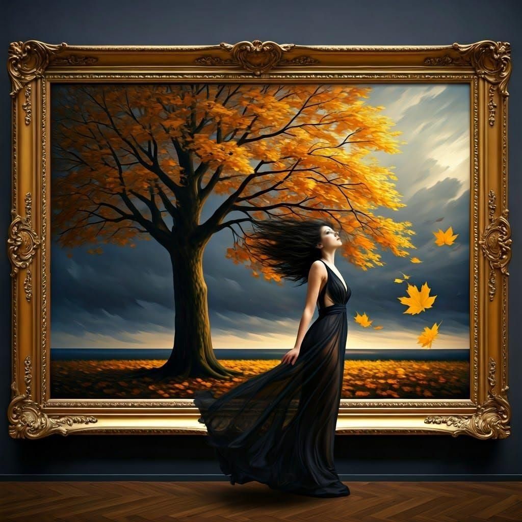 Magritte Style: Enchanting Woman Amidst Storm