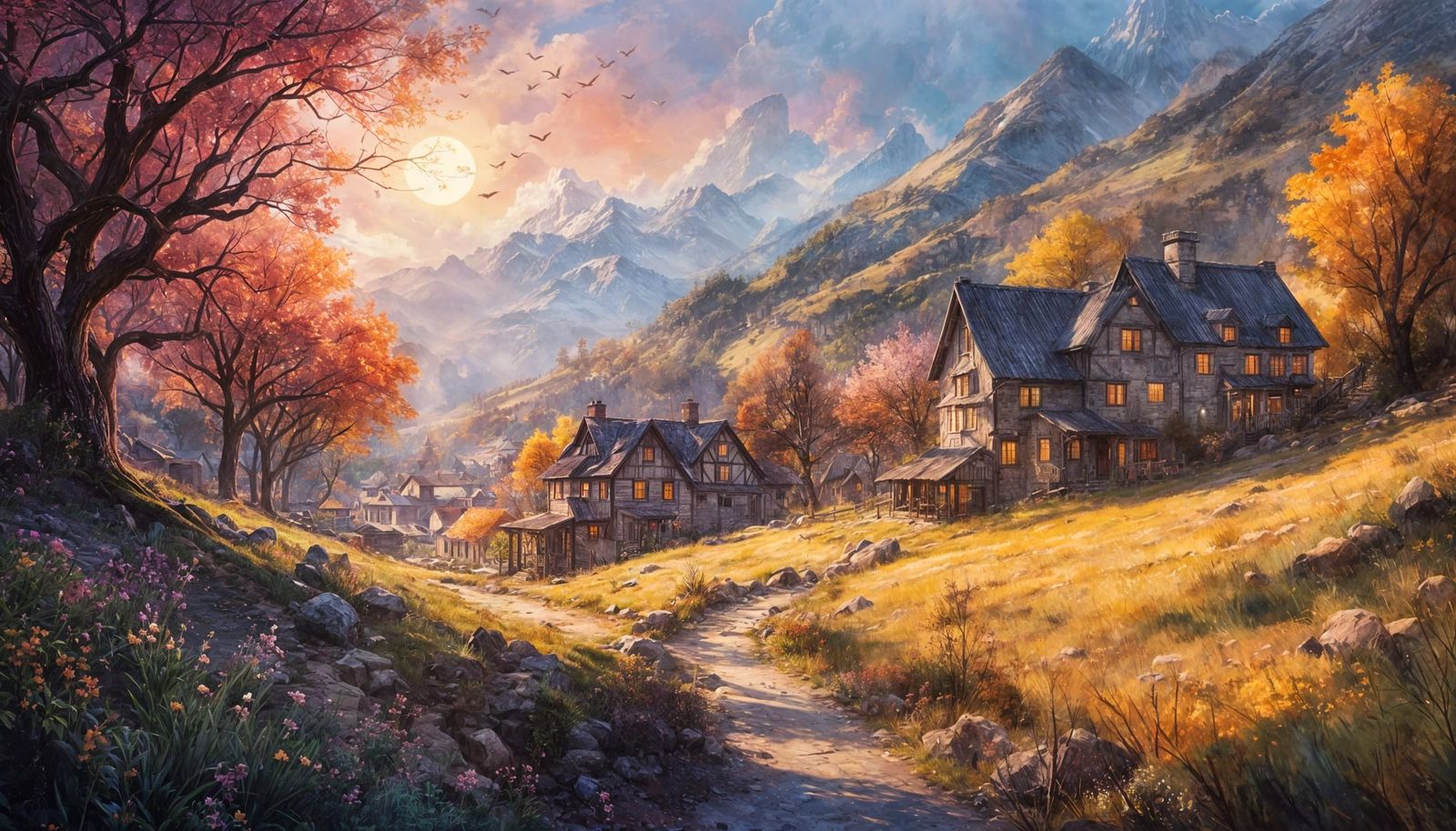 Quaint Village Sunset in Watercolor Style