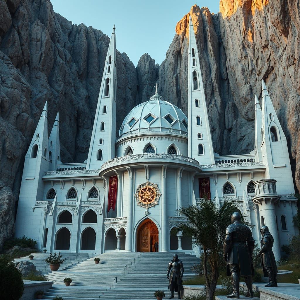 Surreal Mountain Ruin with White Stone Spires and Star-Shape...