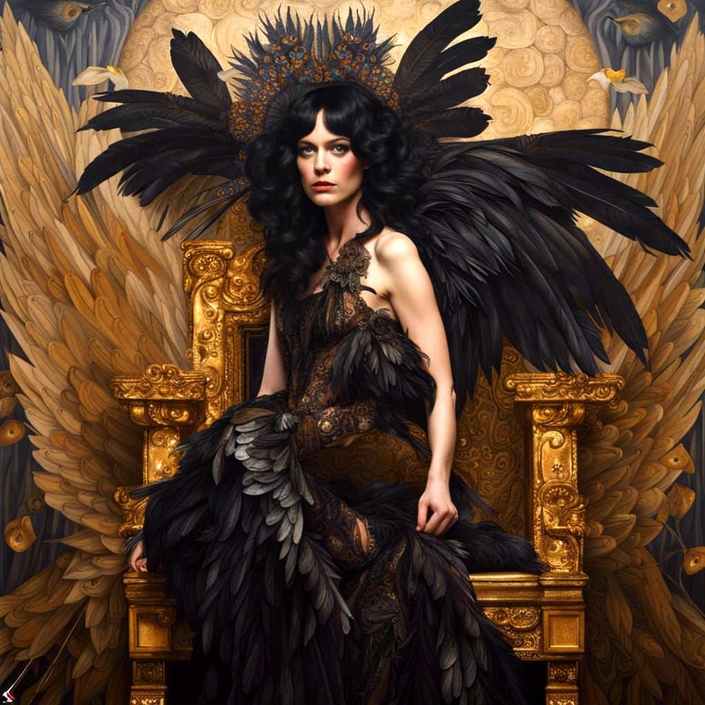 Winged Woman on Throne in Klimt-Inspired Style