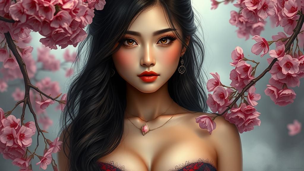 Asian Temptress Portrait with Cherry Blossoms in Fantasy Sty...