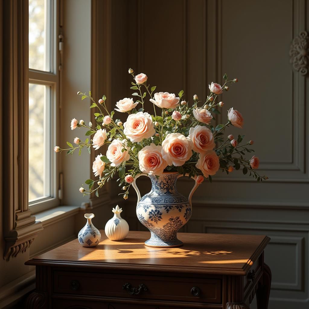 Renaissance Flower Arrangement with Porcelain Figurines