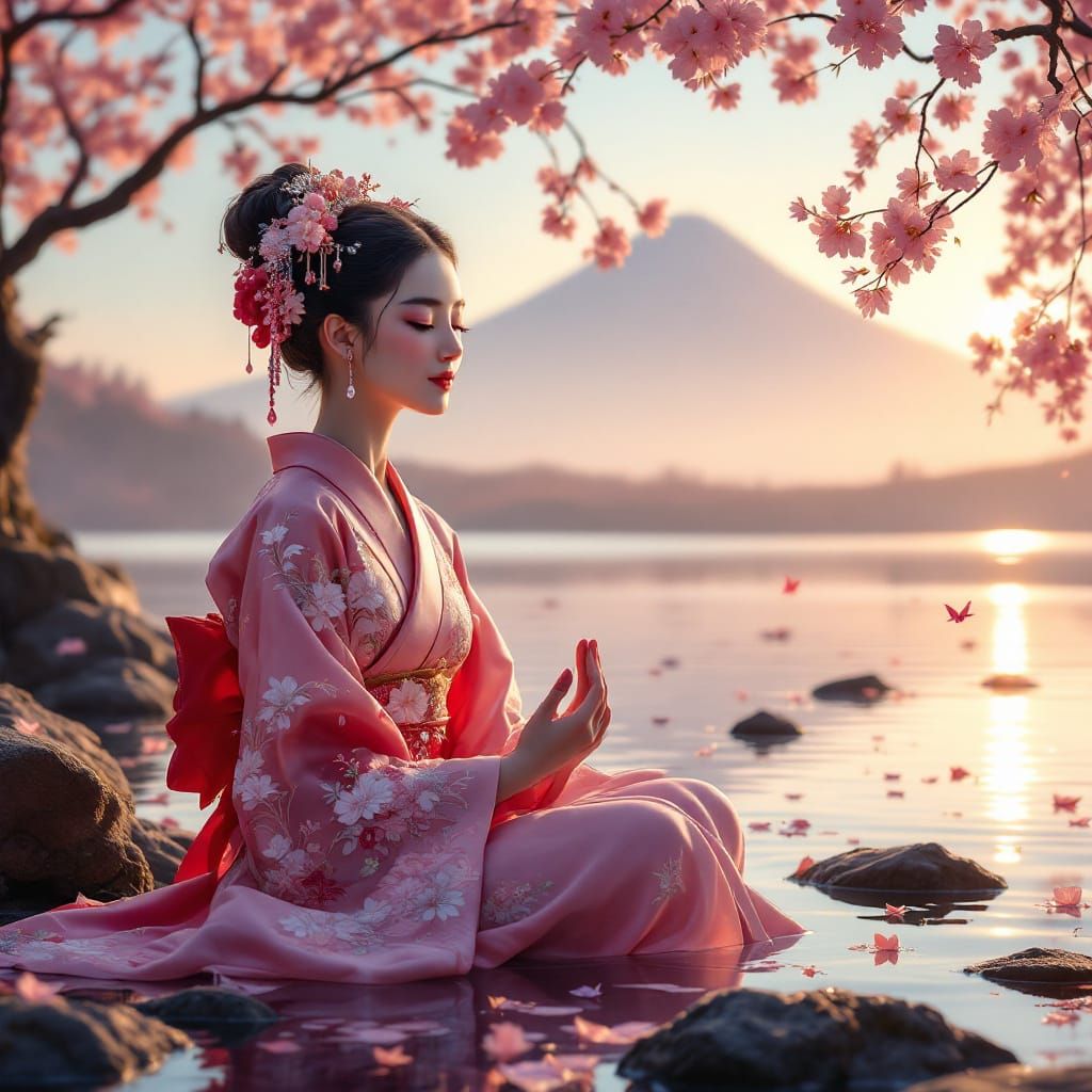 Woman in Pink Kimono Meditating by Lake at Golden Hour