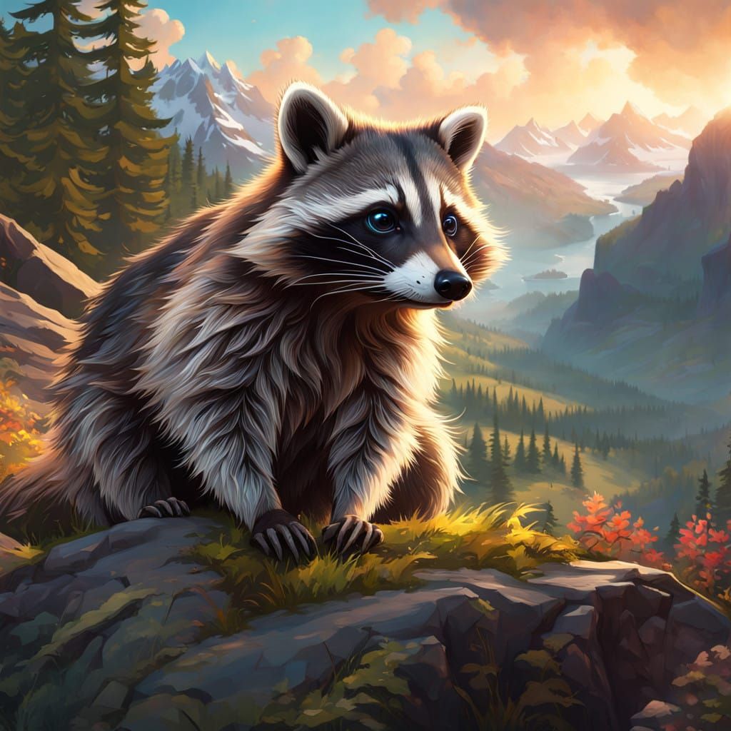 Stunning Realistic Raccoon Portrait Against Majestic Mountai...