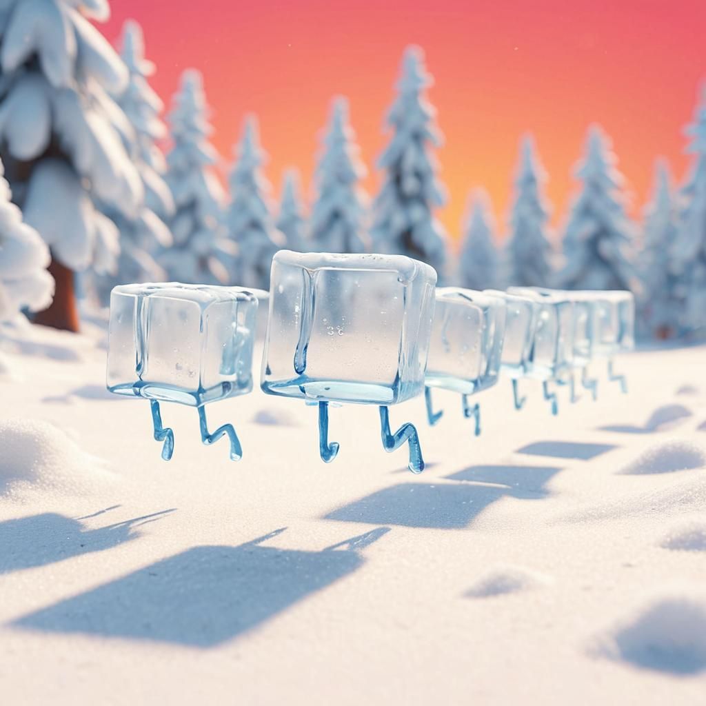 Ice Cubes Race Through Snowy Forest: 3D Digital Art