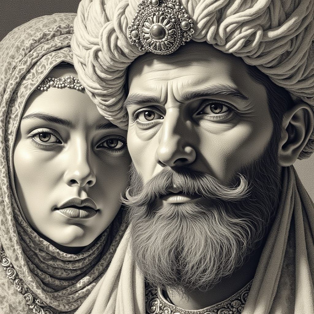 A Sultan in Opulent Ottoman Attire with His Beautiful Wife