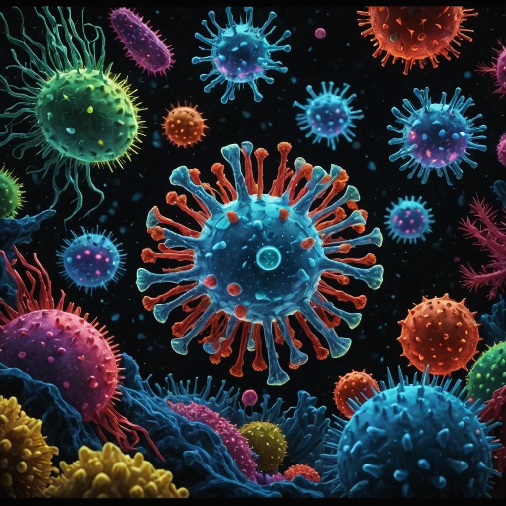 Microscopic Bioluminescent Germs and Viruses in Vivid Colors