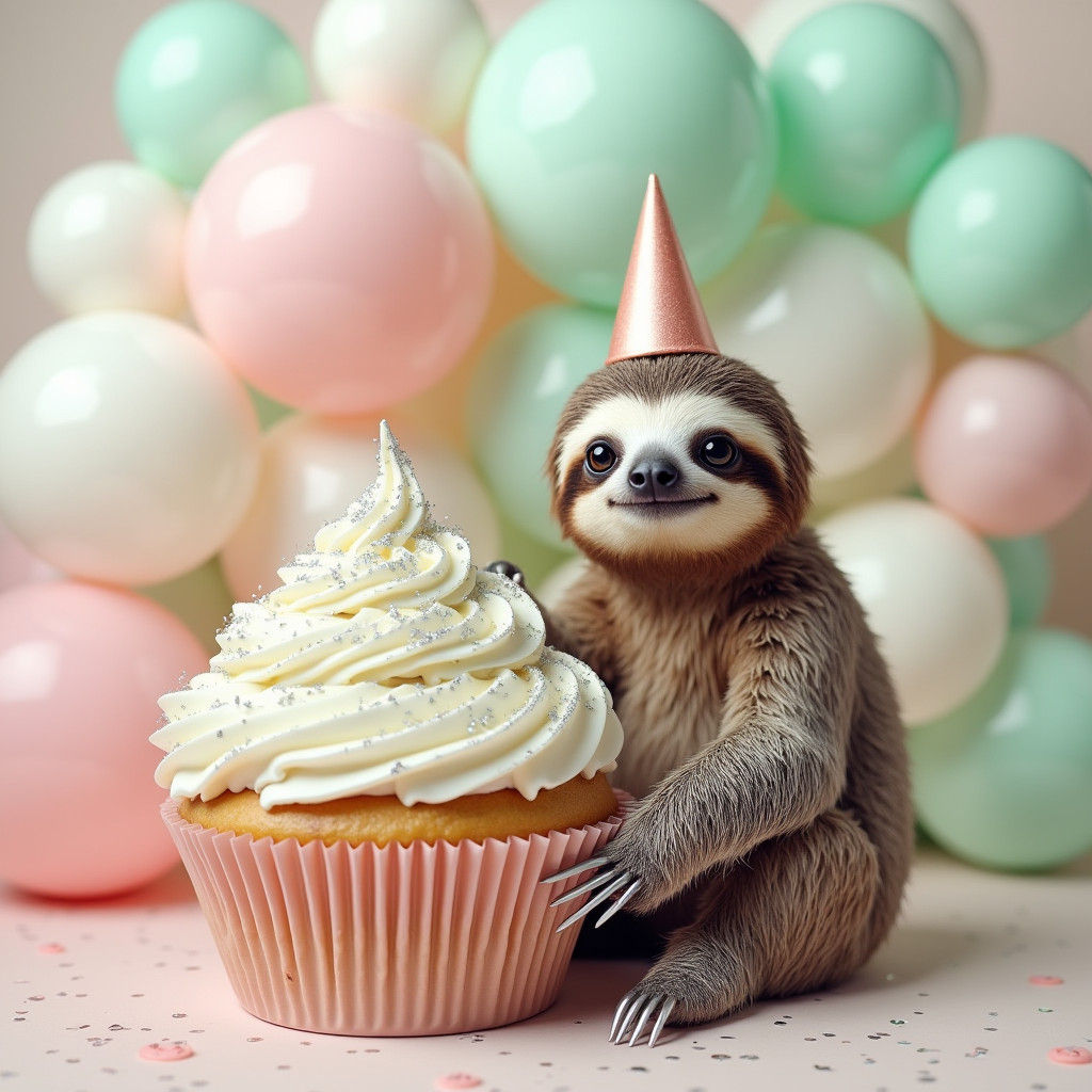 Sloth Celebrates with Cupcake in Photorealistic Pop Art