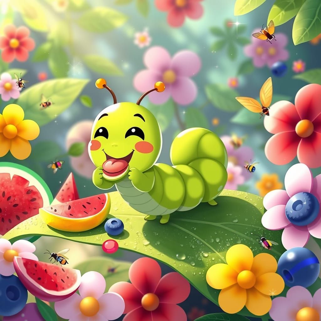 Joyful Caterpillar Tastes Fruits in 3D Anime Style