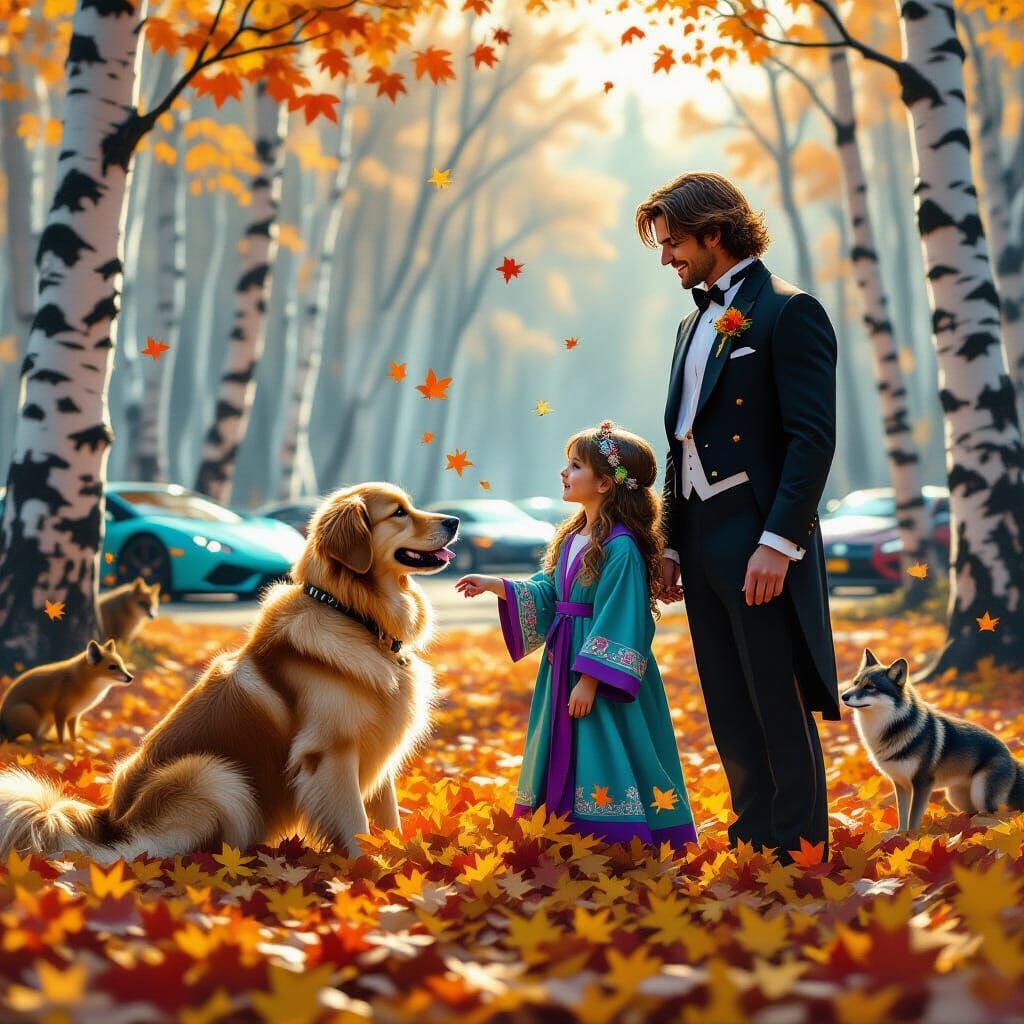 Golden Retriever Plays in Autumn Leaves with Family