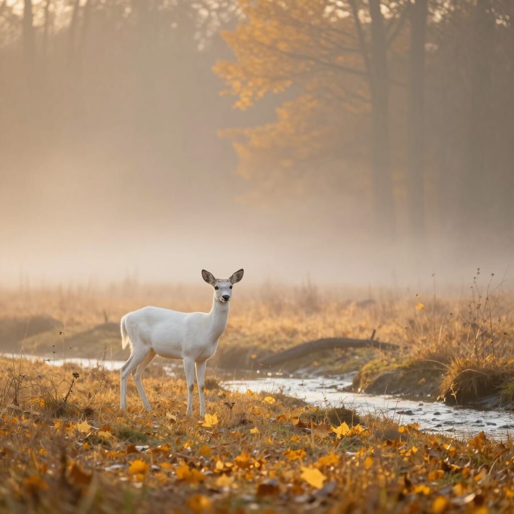 Peaceful Deer in Misty Dawn Forest Clearing