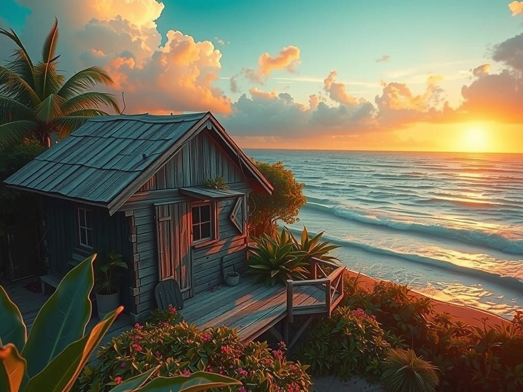 Hyperrealistic Tropical Oasis at Dusk with Abandoned Cottage