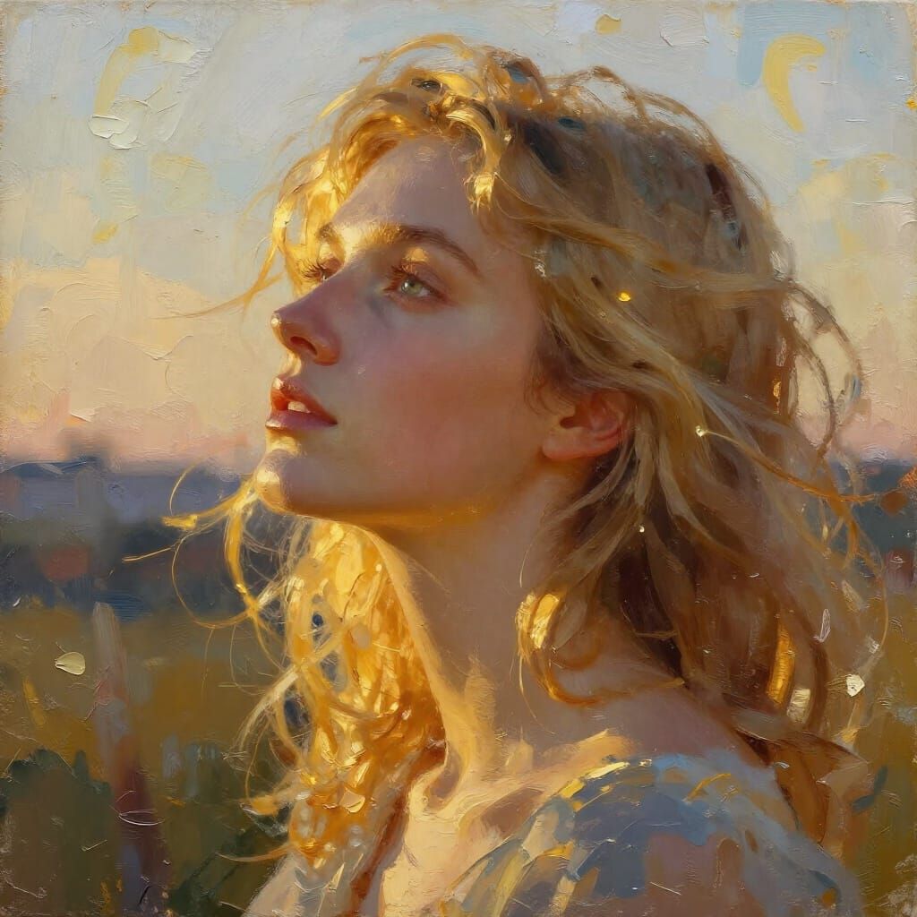 Golden Hour Portrait of Lady in Profile, Radiant Glow