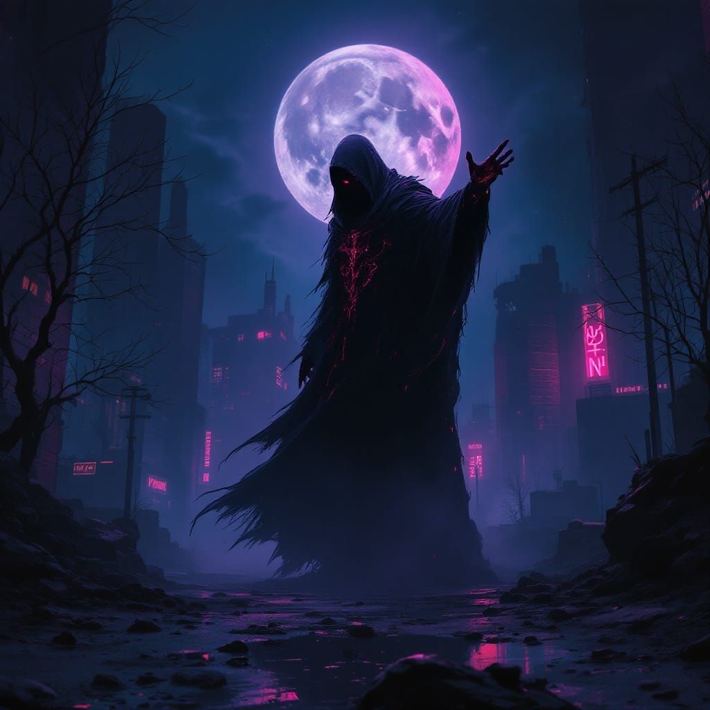 Ominous Mystic Figure in Moonlit Cyberpunk Cityscape
