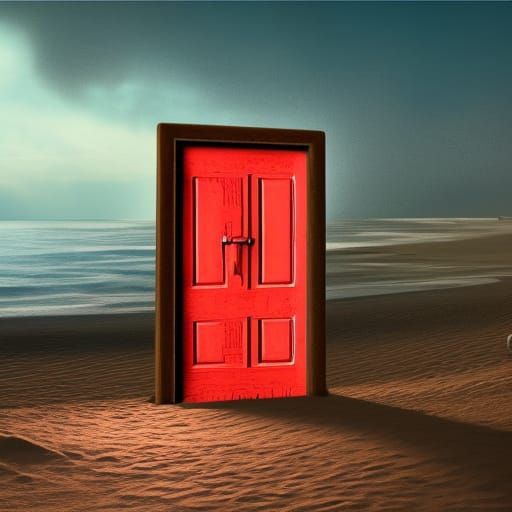 Glowing Red Door on a Beach: Detailed Matte Painting