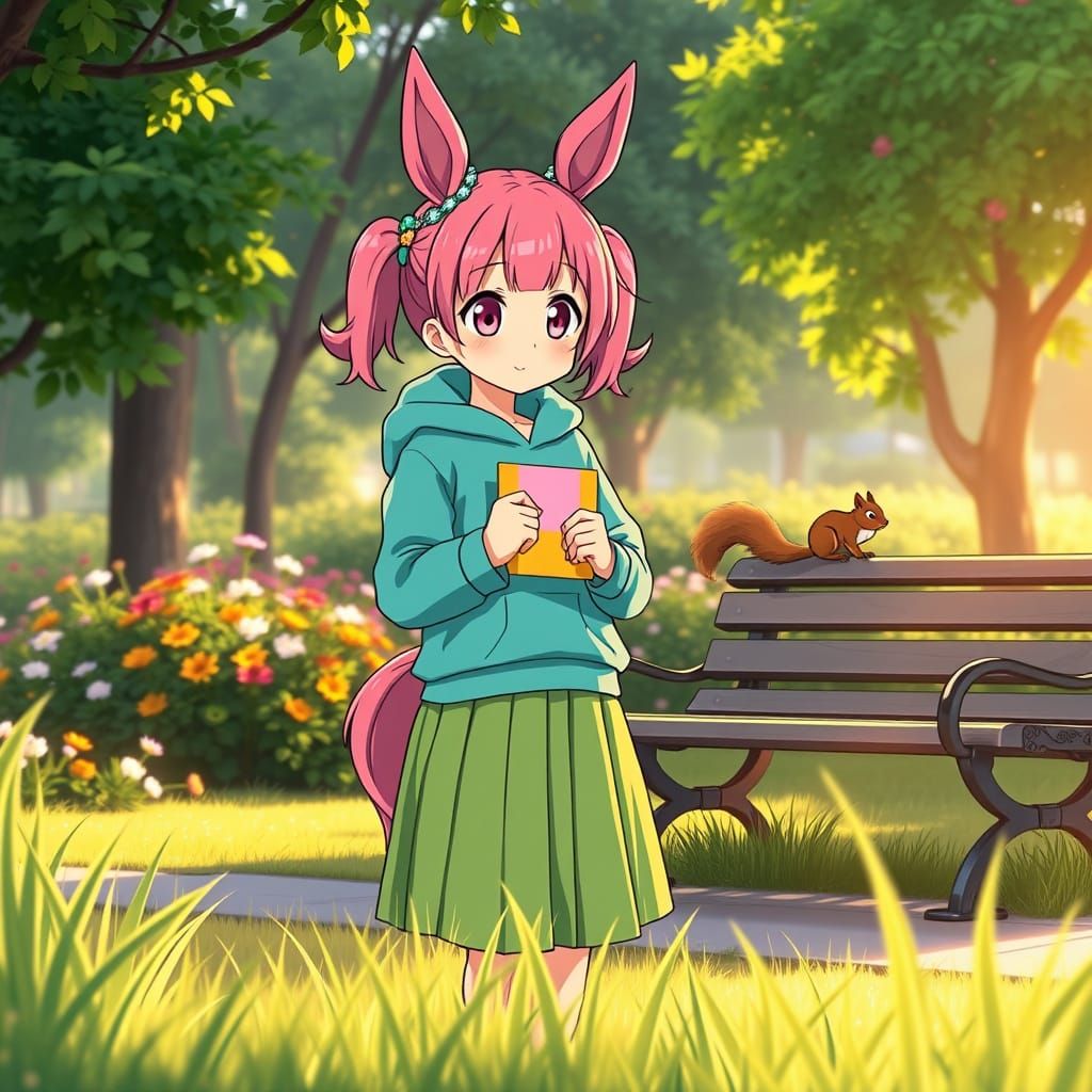 Charming Girl with Horse Ears in Morning Park