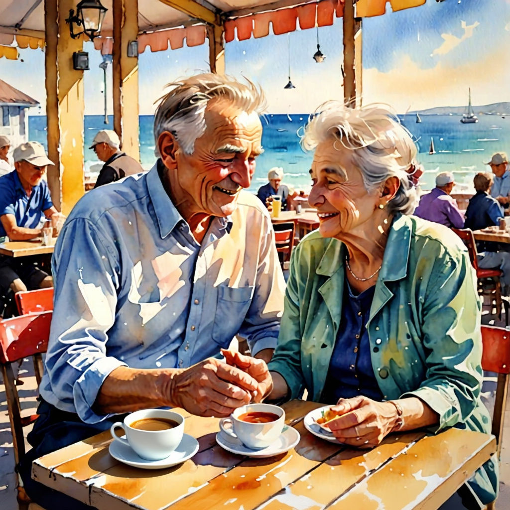 Romantic Seaside Proposal: Watercolor Painting of Elderly Co...