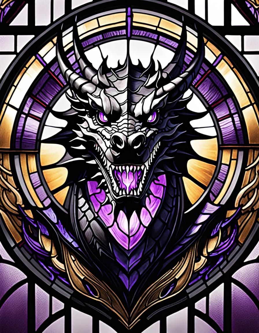 Stained Glass Black Dragon with Purple Flames