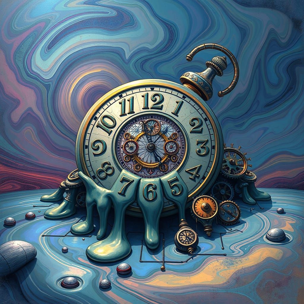 Surreal Melting Clocks in Dreamlike Anime Style