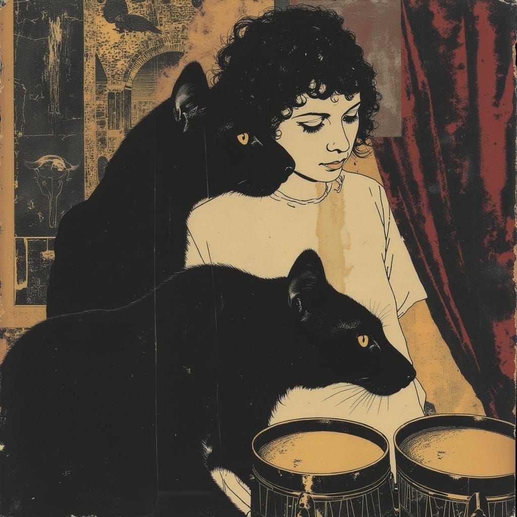 Majestic Cat Plays Bongos in Gothic Labyrinth Style