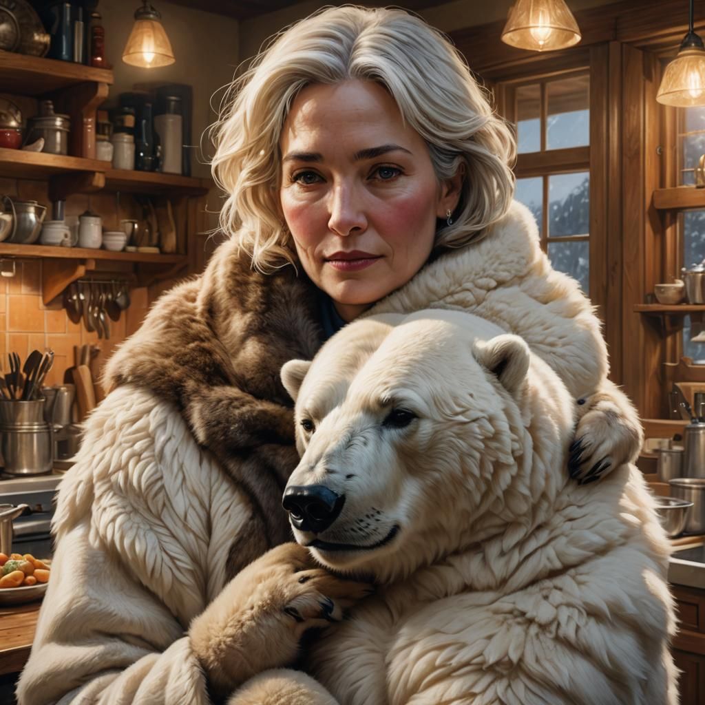 Woman and Polar Bear Portrait in Hyper-Realistic Style