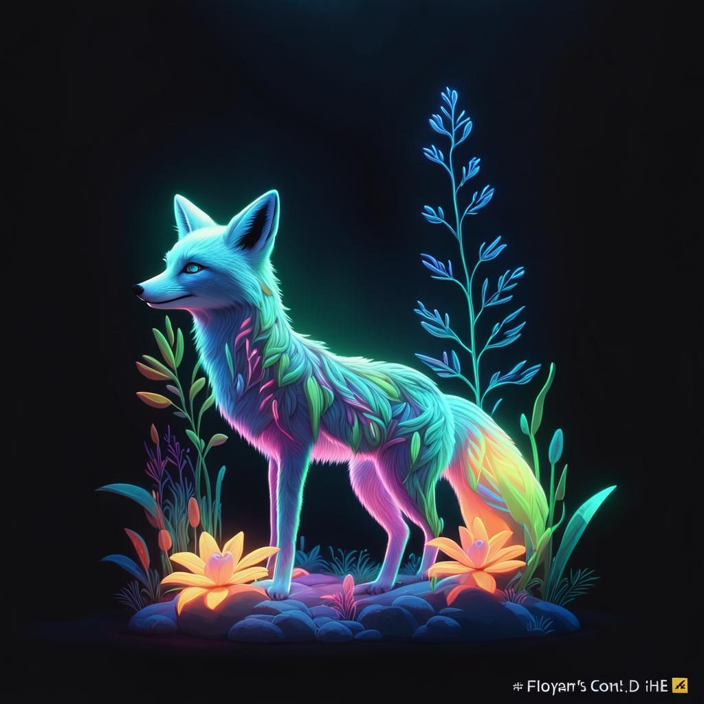 cute florescent fox in the neon florescent moonlight floresc...