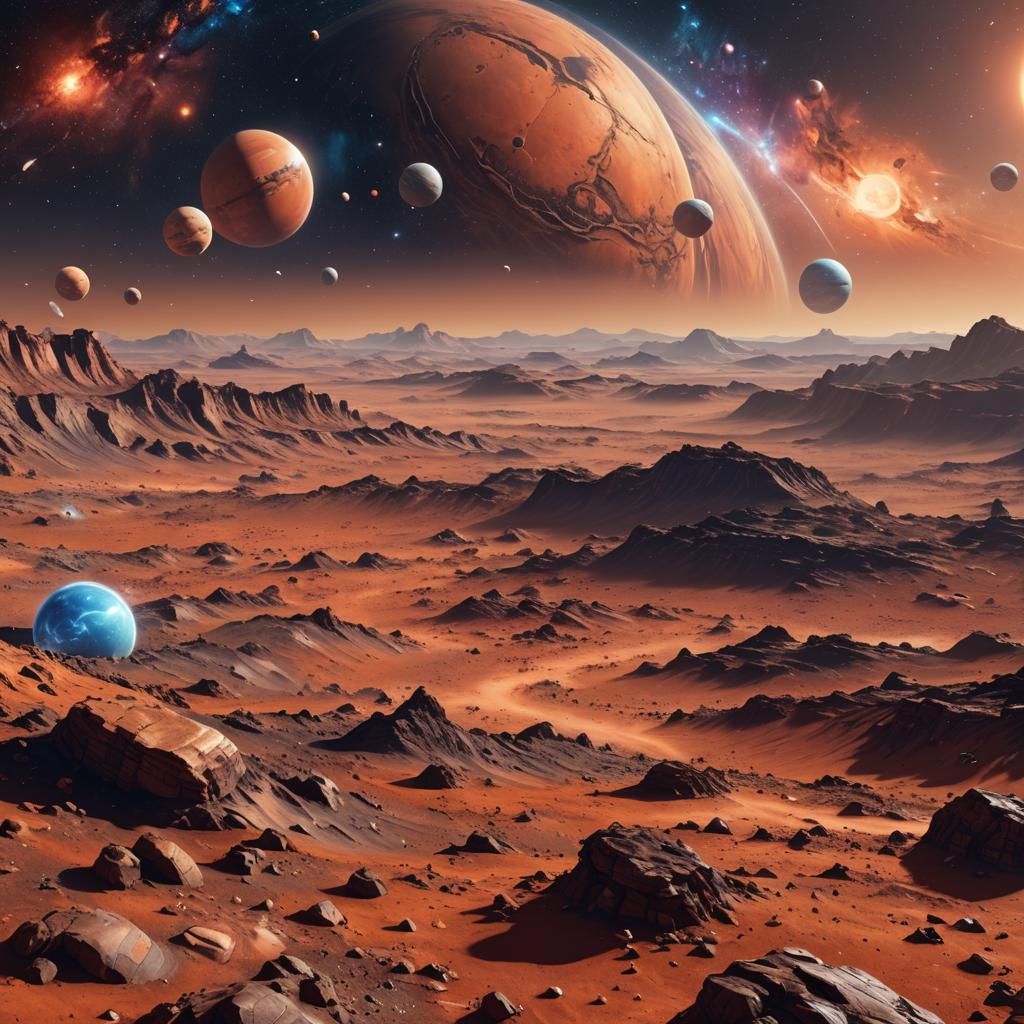 Hyperrealistic Mars Landscape with Galaxy Backdrop
